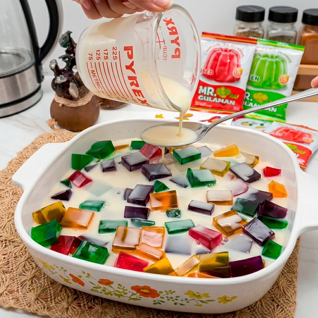 Colorful rainbow jelly cubes in multiple colors in a white baking dish with cream being poured over them from a Pyrex measuring cup
